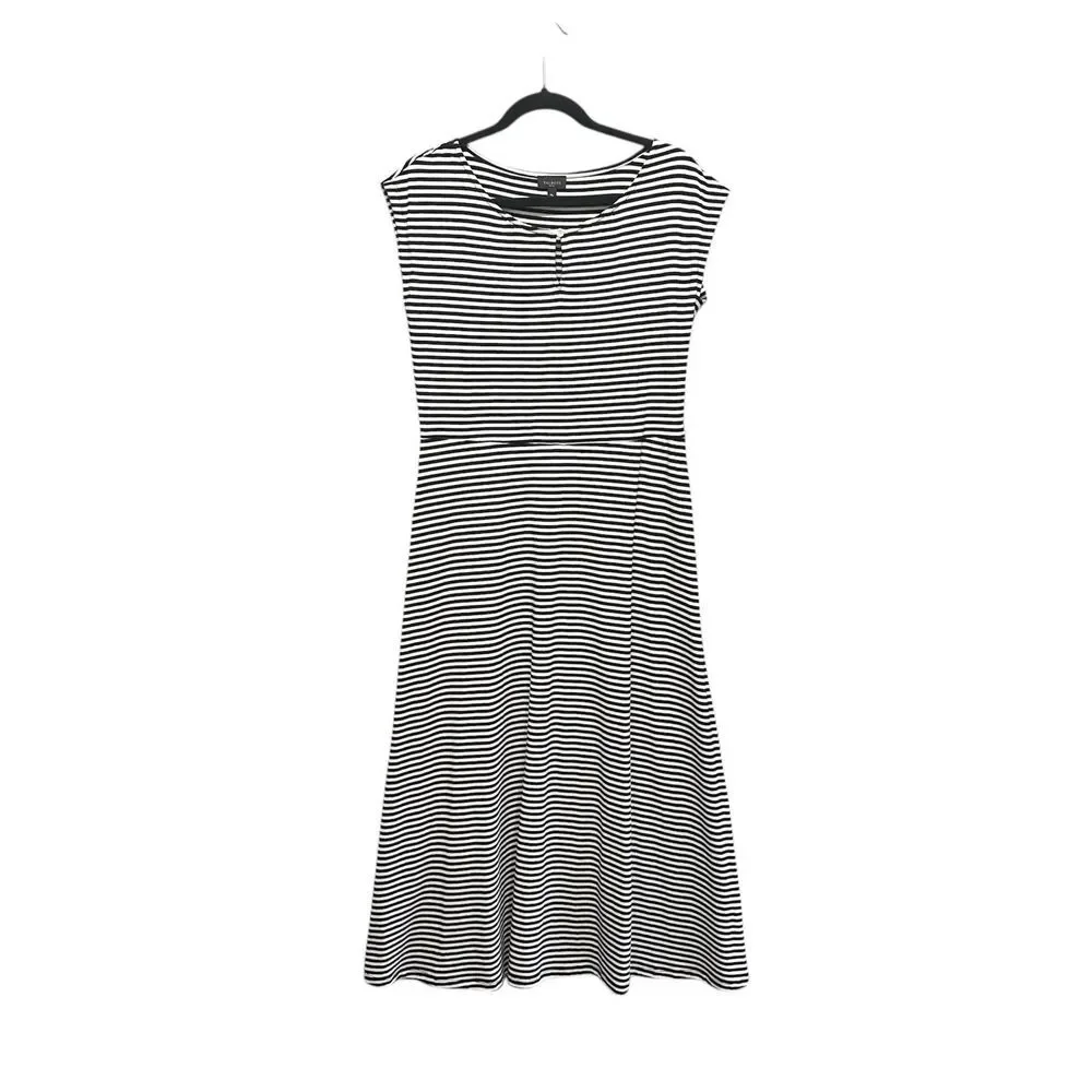 Talbots‎ Size M P Black Striped Keyhole Cap Sleeve Scoop Neck Midi Dress Resort